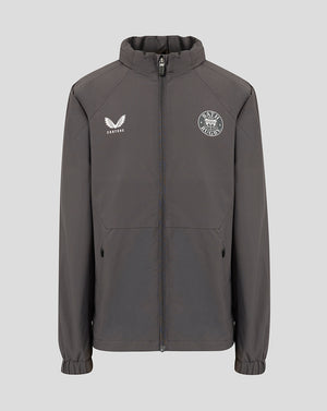 A dark gray full-zip jacket with a stand-up collar, featuring a white wing logo with 'CASTORE' underneath on the right chest and a circular 'BATH RUGBY' logo on the left chest, displayed against a solid light gray background.