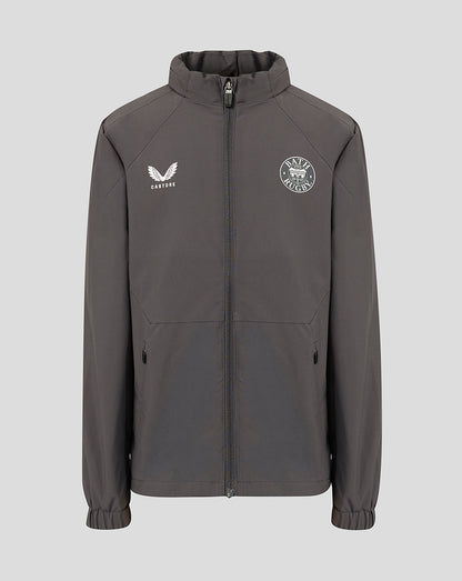 A dark gray full-zip jacket with a stand-up collar, featuring a white wing logo with 'CASTORE' underneath on the right chest and a circular 'BATH RUGBY' logo on the left chest, displayed against a solid light gray background.