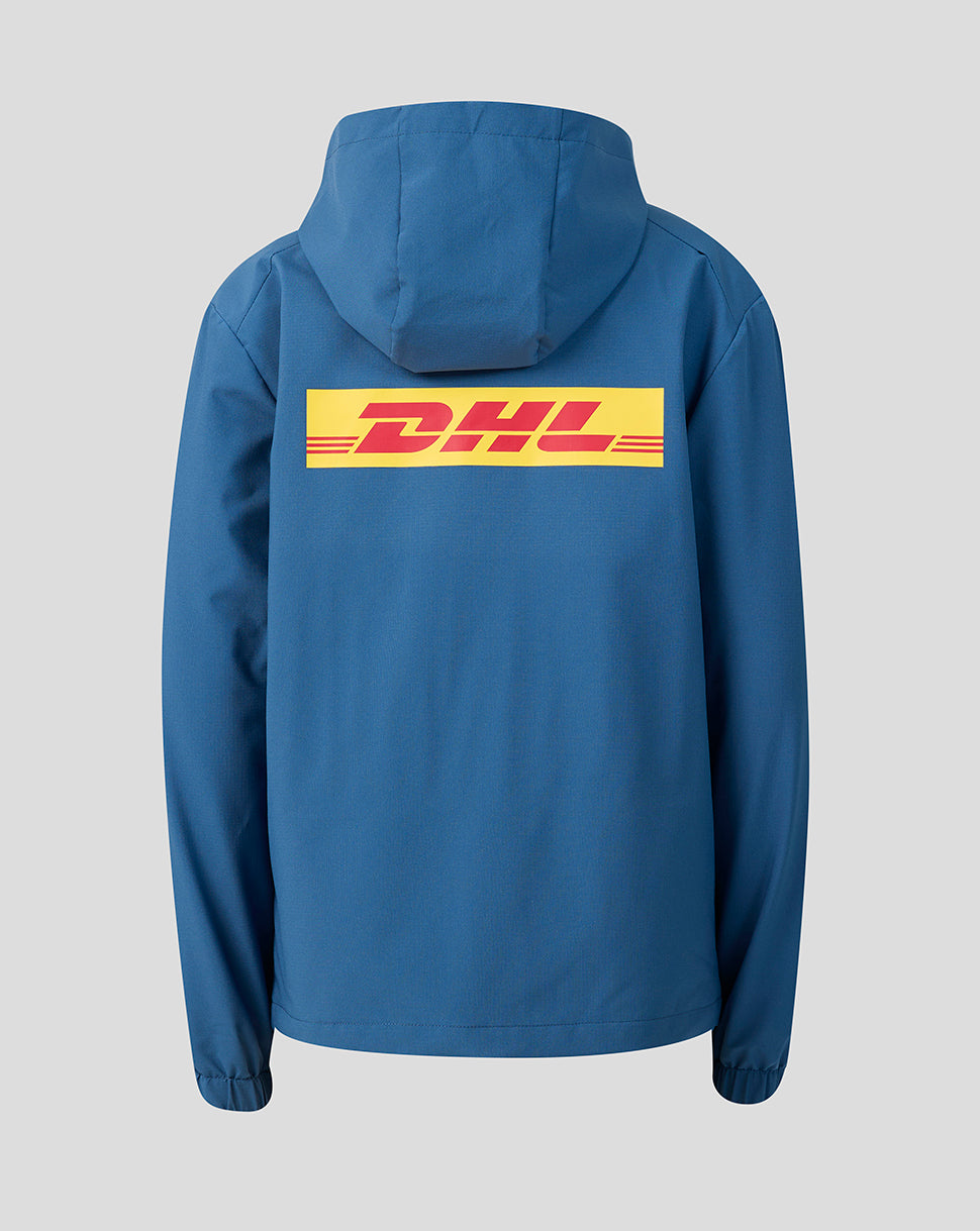 Blue jacket with DHL logo on the back against a gray background