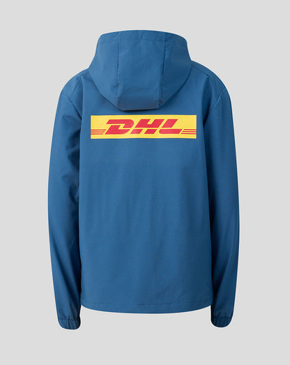 Blue jacket with DHL logo on the back against a gray background