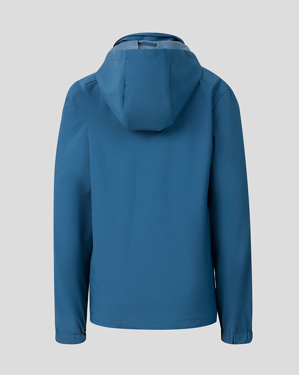 Back view of blue Leicester Tigers junior training shower jacket with hood