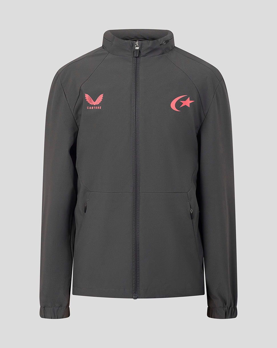 A dark gray full-zip jacket with a stand-up collar, featuring a red winged logo with 'CASTORE' on the left chest and a red crescent and star logo on the right chest, displayed against a solid light gray background.