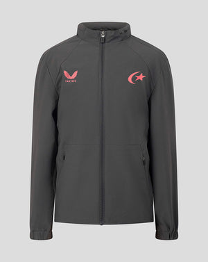 A dark gray full-zip jacket with a stand-up collar, featuring a red winged logo with 'CASTORE' on the left chest and a red crescent and star logo on the right chest, displayed against a solid light gray background.
