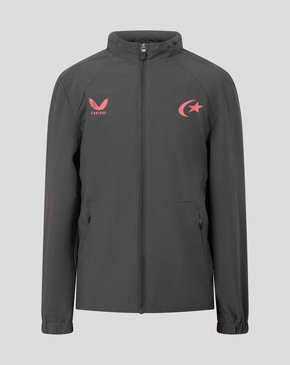 A dark gray full-zip jacket with a stand-up collar, featuring a red winged logo with 'CASTORE' on the left chest and a red crescent and star logo on the right chest, displayed against a solid light gray background.