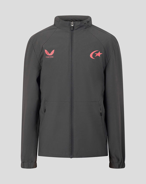 A dark gray full-zip jacket with a stand-up collar, featuring a red winged logo with 'CASTORE' on the left chest and a red crescent and star logo on the right chest, displayed against a solid light gray background.