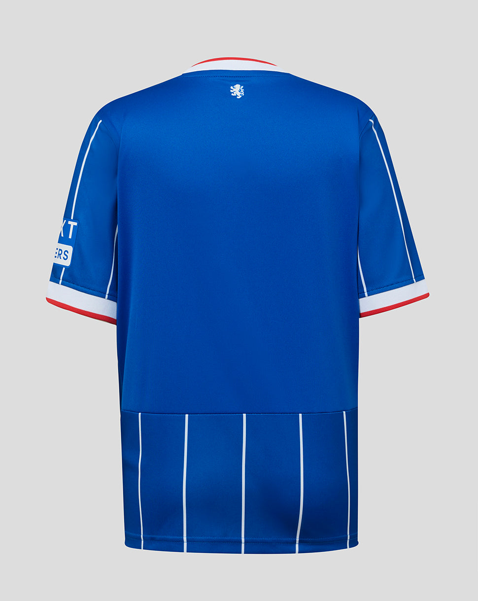 Blue sports jersey with white stripes on a gray background