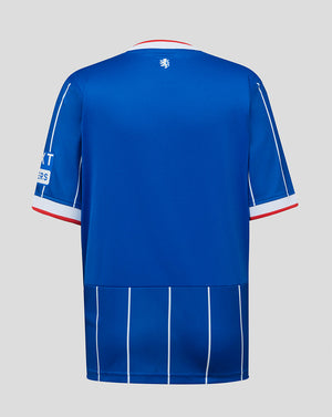 Blue sports jersey with white stripes on a gray background