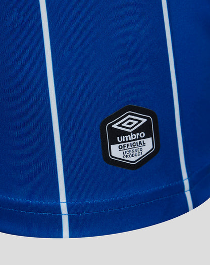 Close-up of a blue sports jersey with an Umbro logo on a white background
