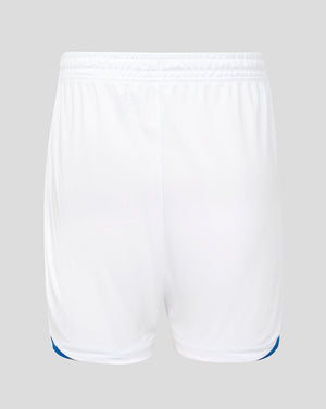 White shorts with blue accents on a light gray background