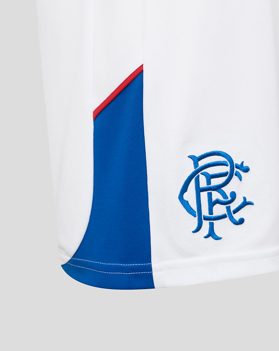 Close-up of sports shorts with a logo on a white background