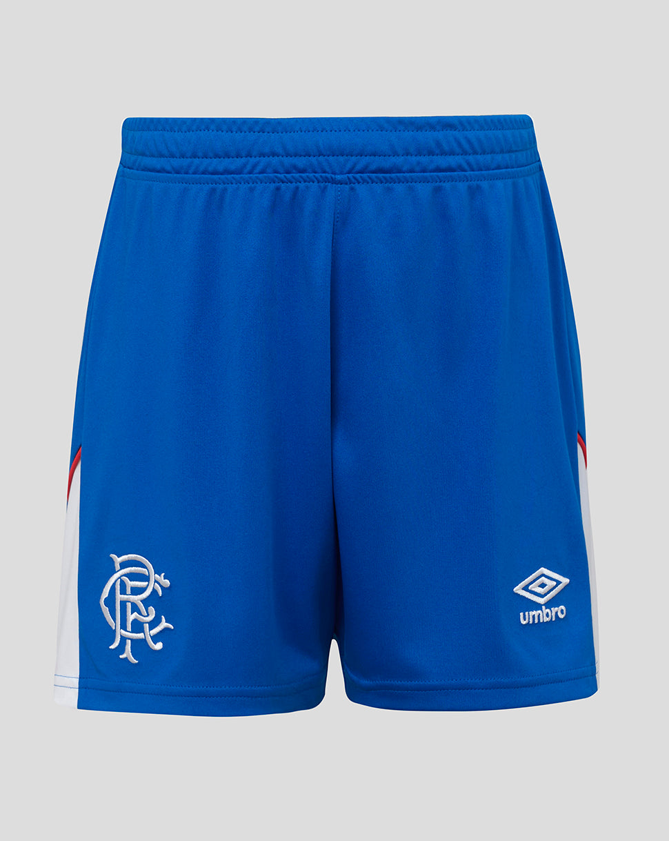 Blue shorts with a logo on a gray background