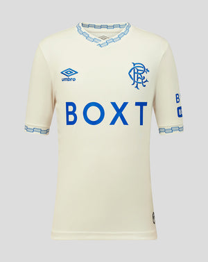 Cream-colored sports jersey with blue branding on a light gray background