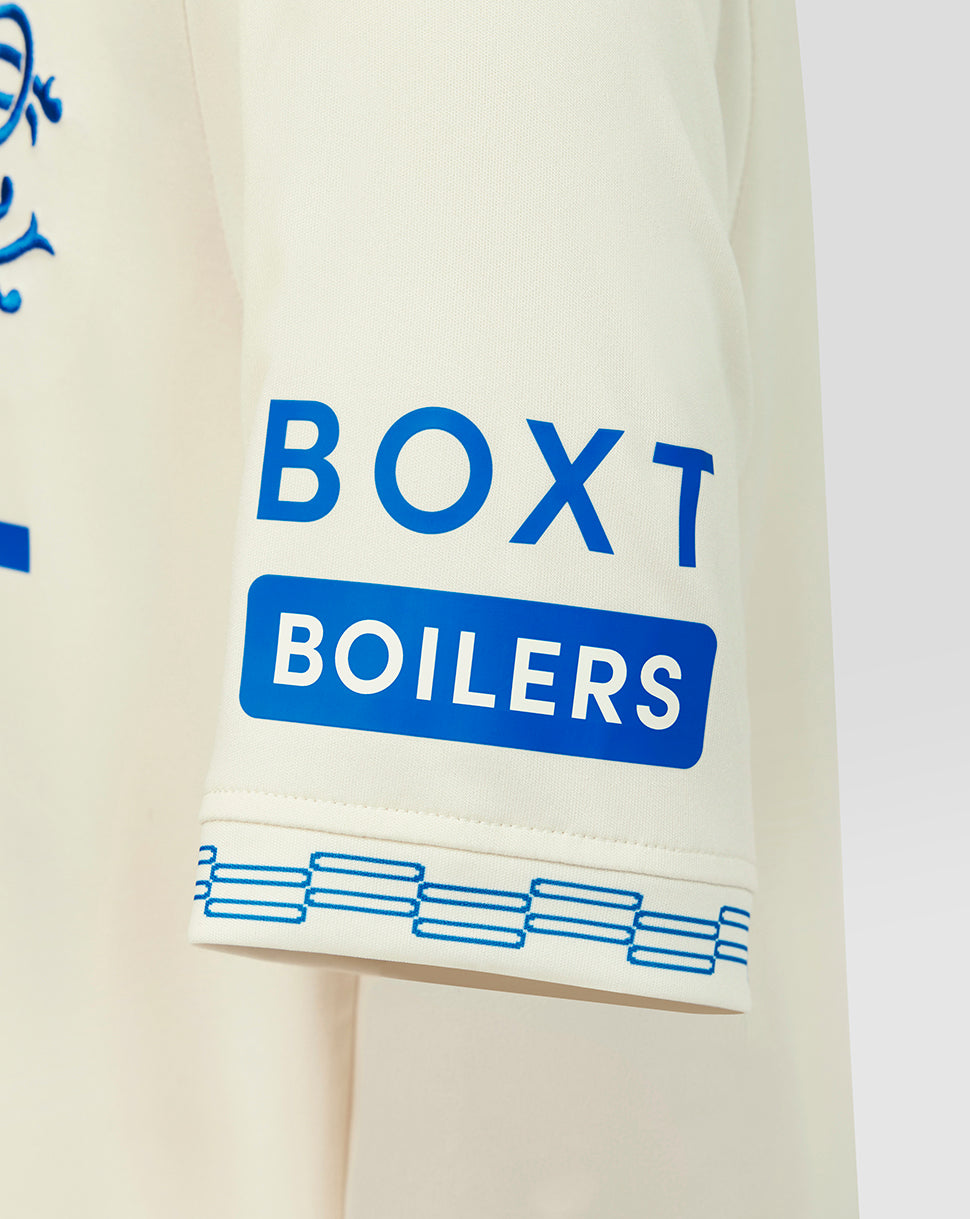 Beige towel with blue 'BOXT BOILERS' text and logo on a white background