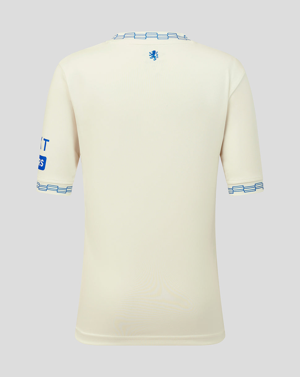 Beige sports jersey with blue accents on a light gray background