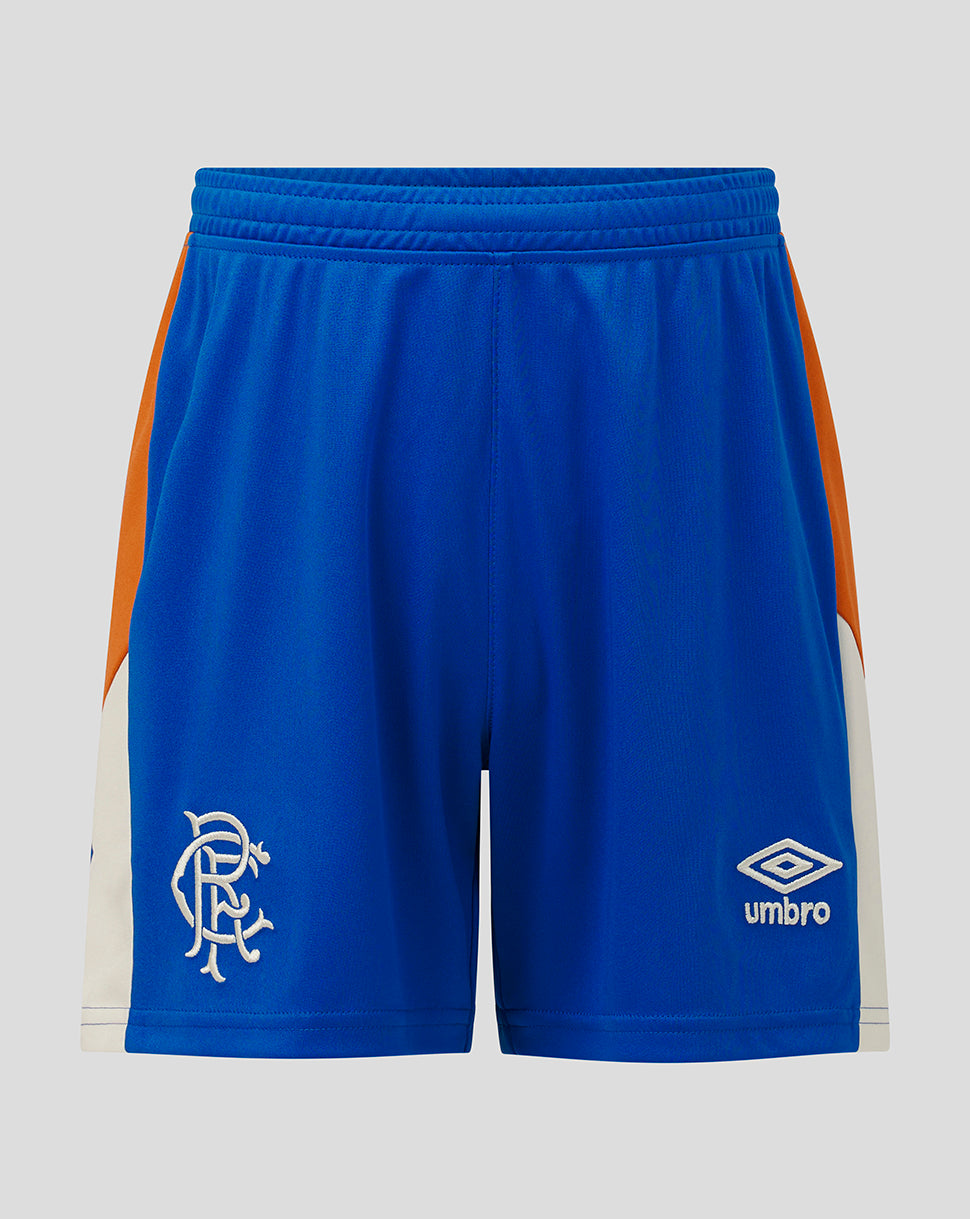 Blue sports shorts with orange and white accents on a gray background