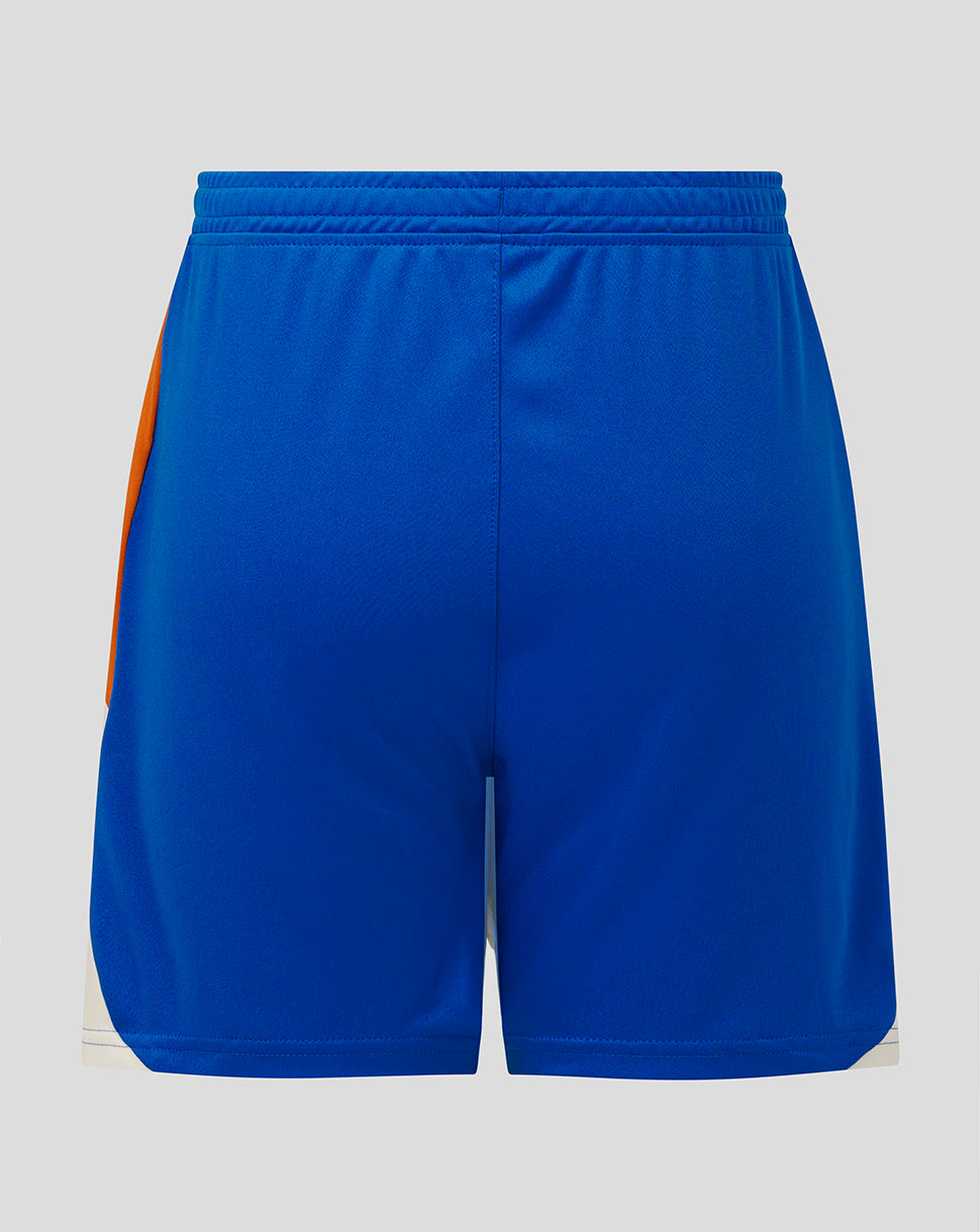 Blue shorts with an orange stripe on a light gray background