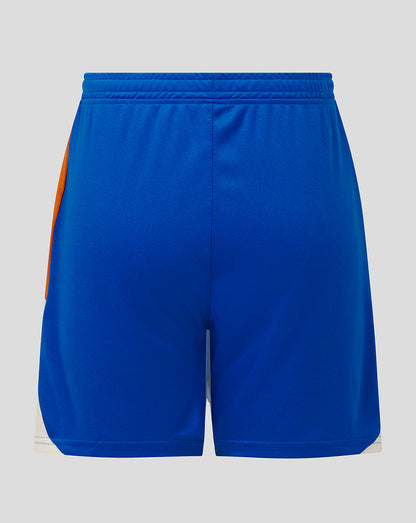 Blue shorts with an orange stripe on a light gray background