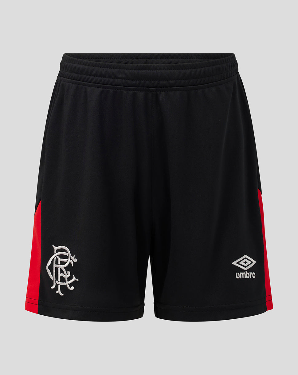 Black athletic shorts with red side panels, featuring the white Rangers FC crest on the left leg and the Umbro logo on the right leg, shown against a solid gray background.