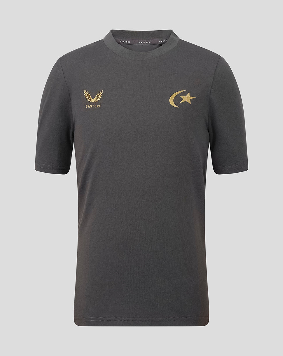 A dark gray short-sleeve t-shirt with a crew neck, featuring a gold embroidered eagle logo and the word 'CASTORE' on the left chest, and a gold crescent and star logo on the right chest, shown against a light gray background.