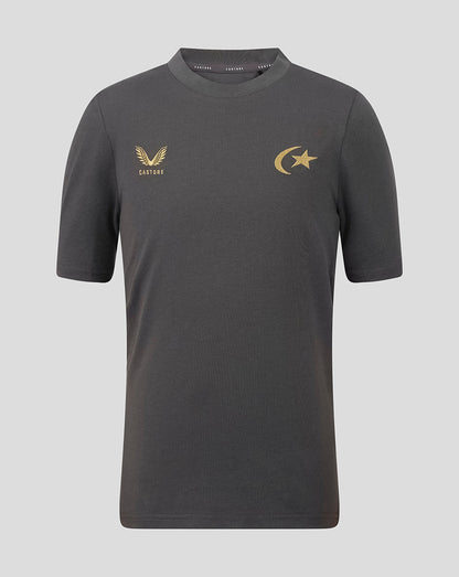 A dark gray short-sleeve t-shirt with a crew neck, featuring a gold embroidered eagle logo and the word 'CASTORE' on the left chest, and a gold crescent and star logo on the right chest, shown against a light gray background.