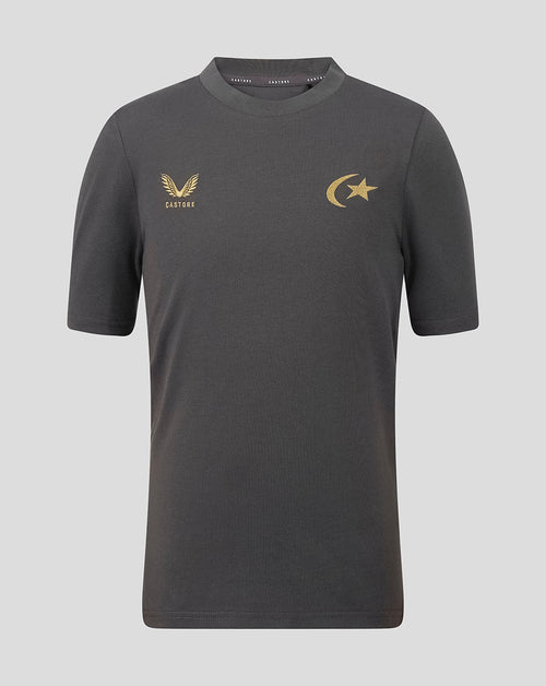 A dark gray short-sleeve t-shirt with a crew neck, featuring a gold embroidered eagle logo and the word 'CASTORE' on the left chest, and a gold crescent and star logo on the right chest, shown against a light gray background.