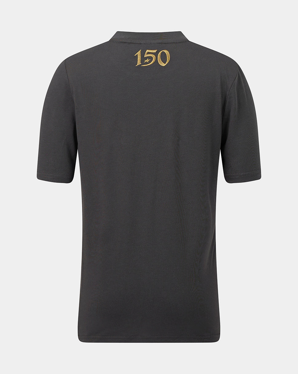 A dark gray short-sleeve polo shirt shown from the back, featuring a gold '150' graphic printed on the upper back, set against a light gray background.
