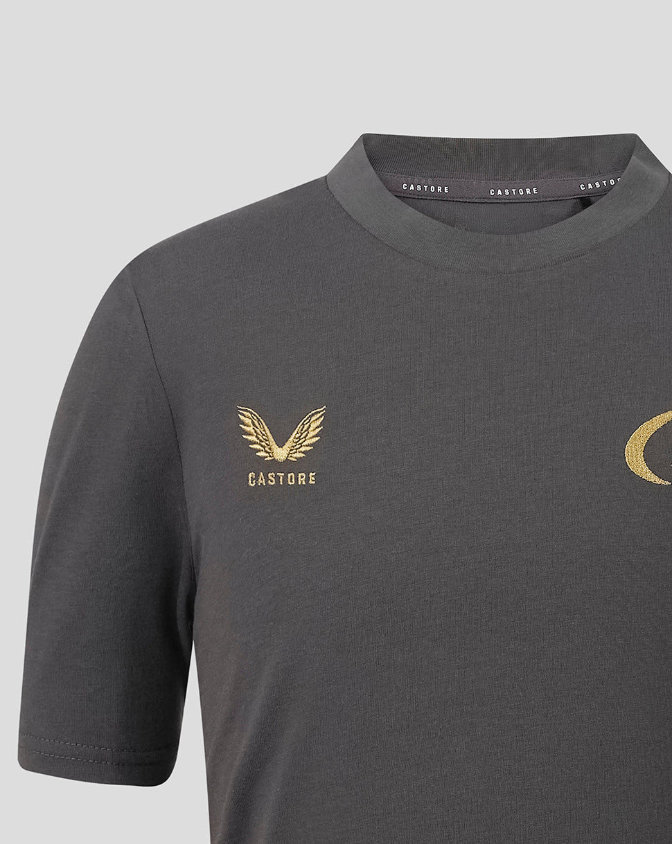 A close-up of a dark gray Castore short-sleeve t-shirt featuring a gold winged logo and the brand name 'CASTORE' printed on the left chest, set against a light gray background.
