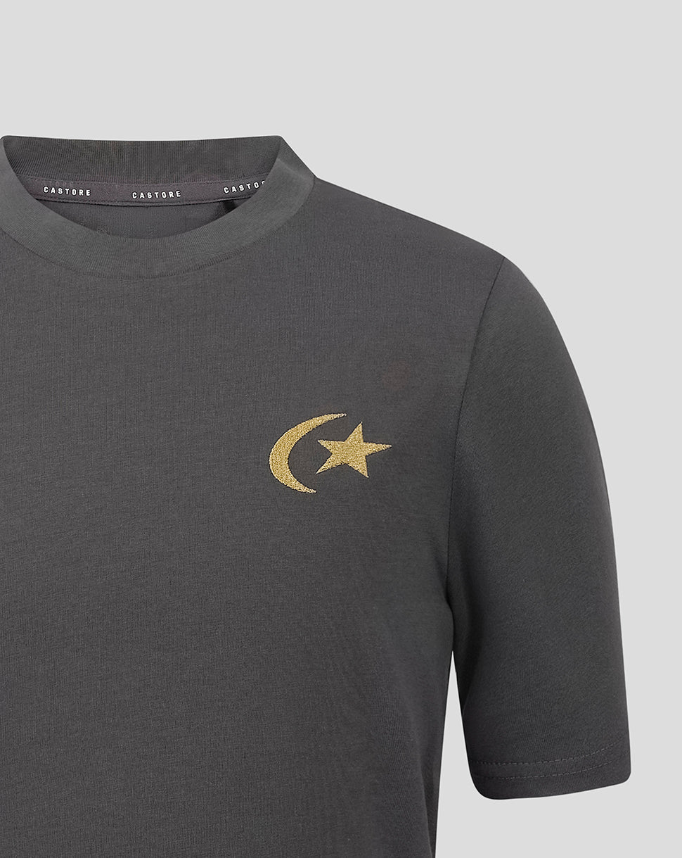 A close-up of a dark gray crewneck t-shirt featuring a gold embroidered crescent moon and star logo on the left chest, with the brand name 'castore' visible on the inner neck label.