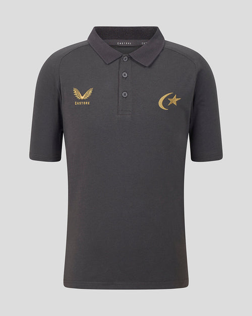 A dark gray short-sleeve polo shirt with gold embroidered logos on the chest, displayed on a solid light gray background.