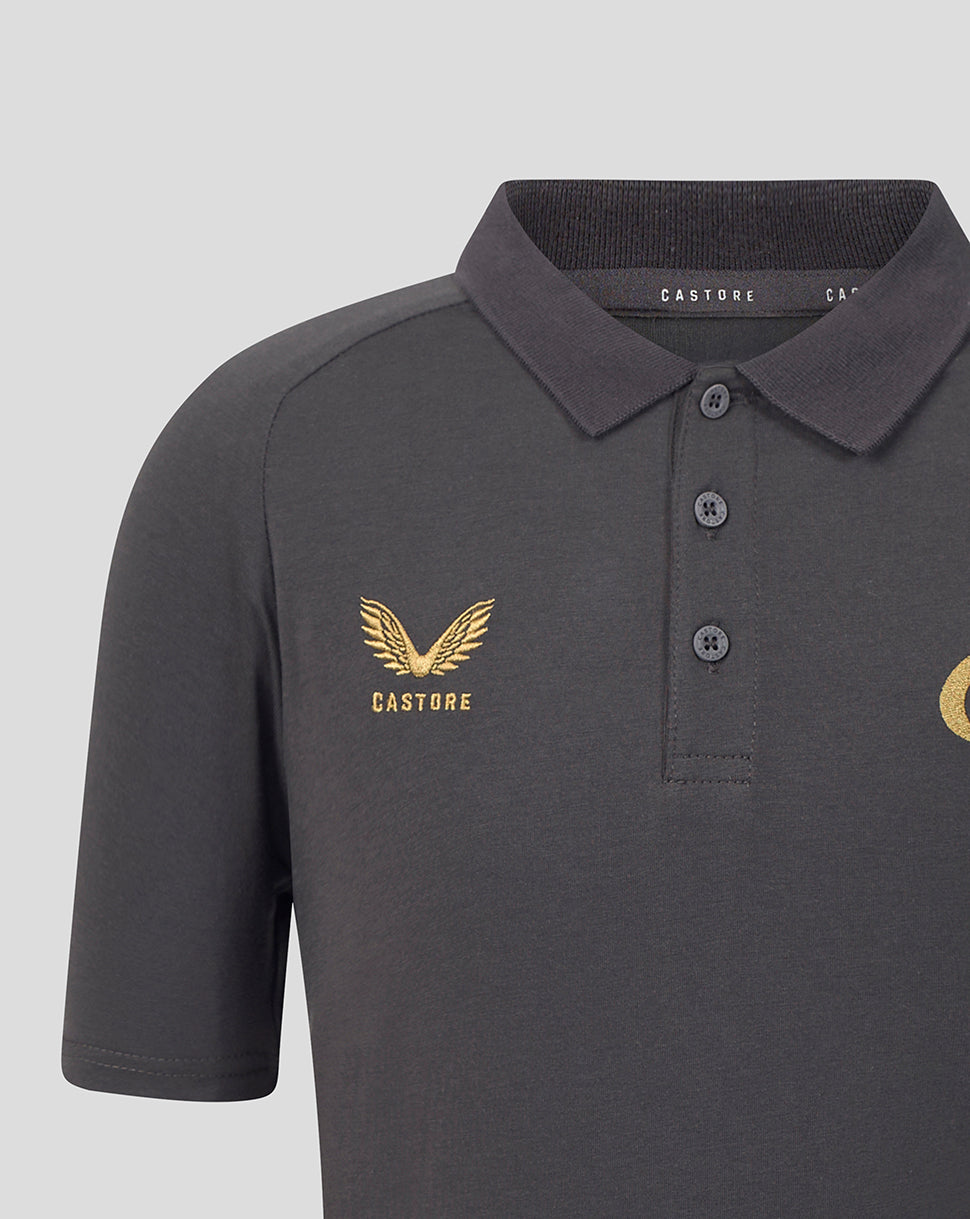 A close-up of a dark gray Castore polo shirt featuring a gold embroidered winged logo and brand name on the left chest, with a three-button placket and a dark gray ribbed collar.