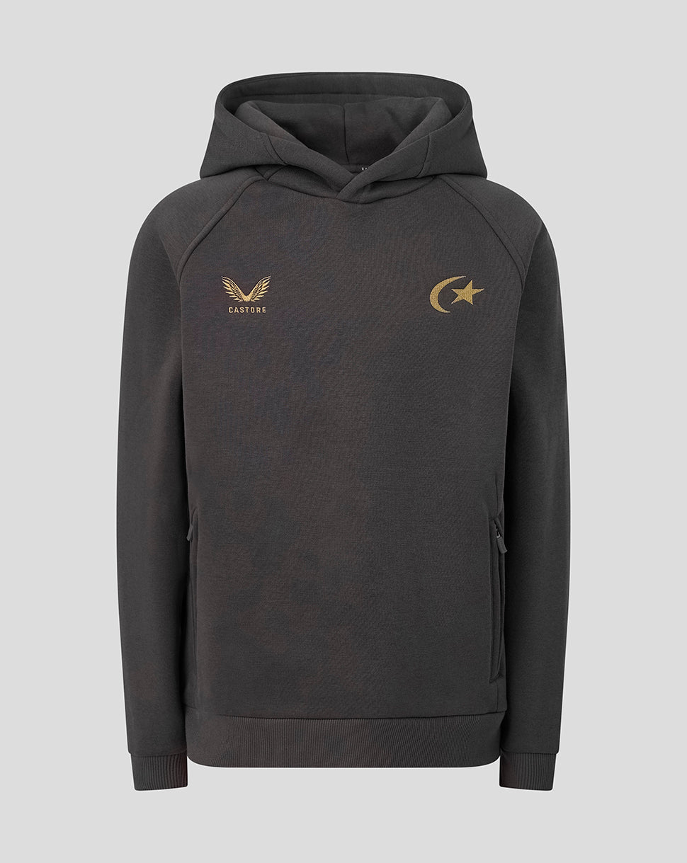 A dark gray pullover hoodie with gold embroidered logos on the chest, featuring a winged logo on the wearer's left side and a crescent moon and star logo on the right side, displayed against a solid light gray background.