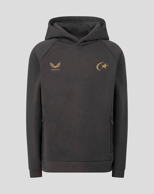 A dark gray pullover hoodie with gold embroidered logos on the chest, featuring a winged logo on the wearer's left side and a crescent moon and star logo on the right side, displayed against a solid light gray background.