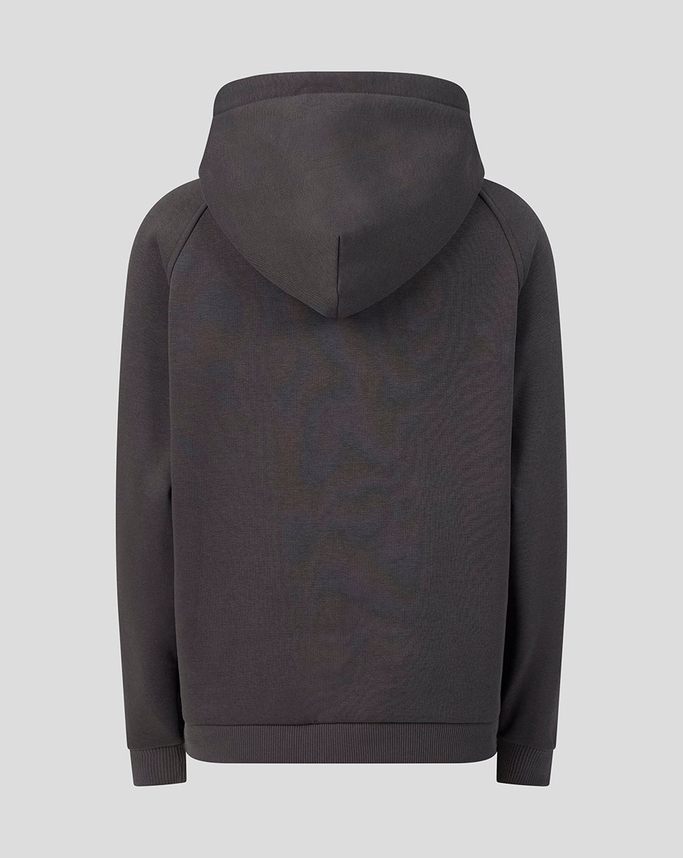 A dark charcoal gray pullover hoodie shown from the back, featuring a subtle tonal pattern and raglan sleeves, set against a solid light gray background.