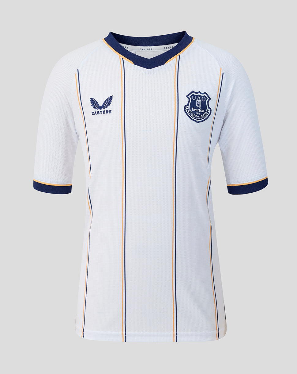 White Everton junior away shirt with navy and orange vertical piping and club crest on chest