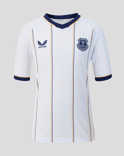 White Everton junior away shirt with navy and orange vertical piping and club crest on chest