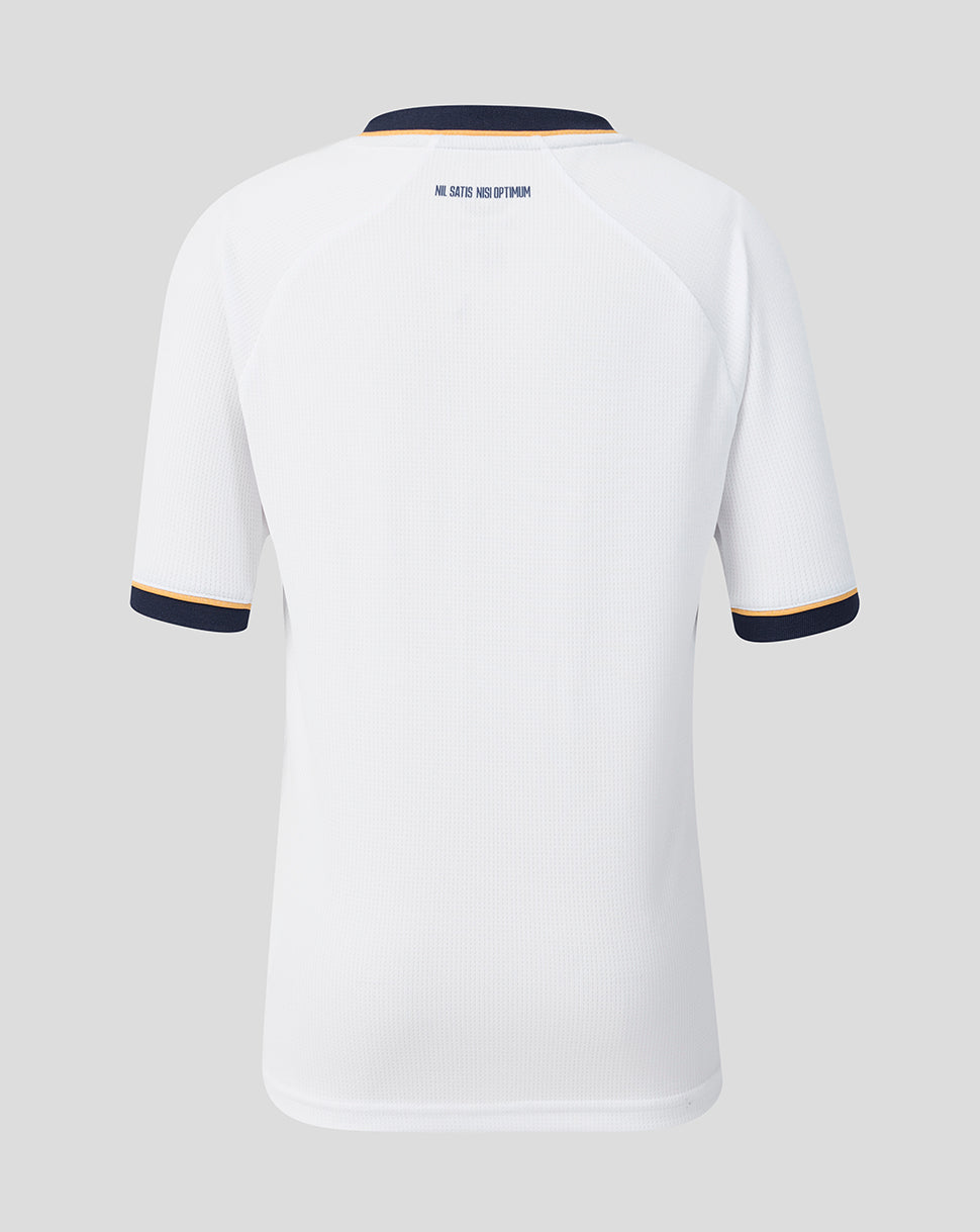 Back view of white Everton junior away shirt with navy collar and navy orange sleeve trim