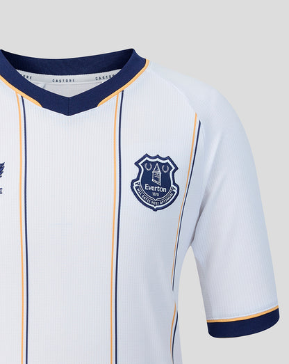 Lower front of white Everton away shirt with vertical navy and gold piping and AERTEK label near hem