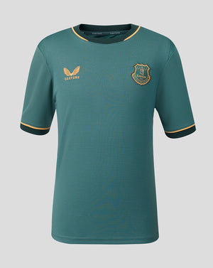 Everton FC Junior 26/27 Third Short Sleeve Shirt front view in teal with gold trim and crest