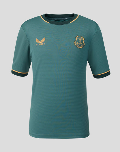 Everton FC Junior 26/27 Third Short Sleeve Shirt front view in teal with gold trim and crest
