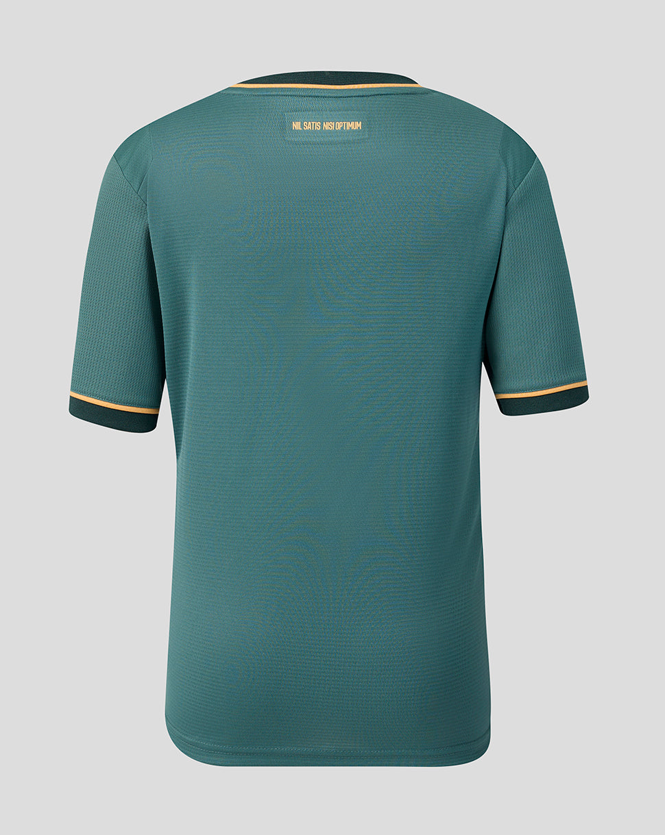 Everton FC Junior 26/27 Third Short Sleeve Shirt back view in teal with NIL SATIS NISI OPTIMUM motto at neck and gold trim on cuffs