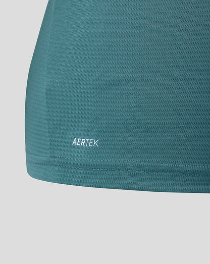 Close up of teal Everton Junior 26/27 Third Short Sleeve Shirt hem with AERTEK branding.
