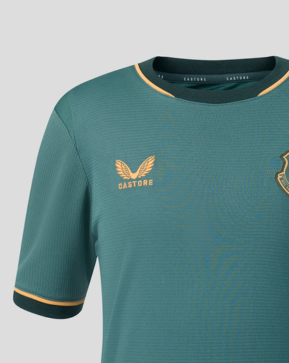 Teal Everton Junior 26/27 Third Shirt showing gold crest badge on left chest and Castore branding inside the collar.
