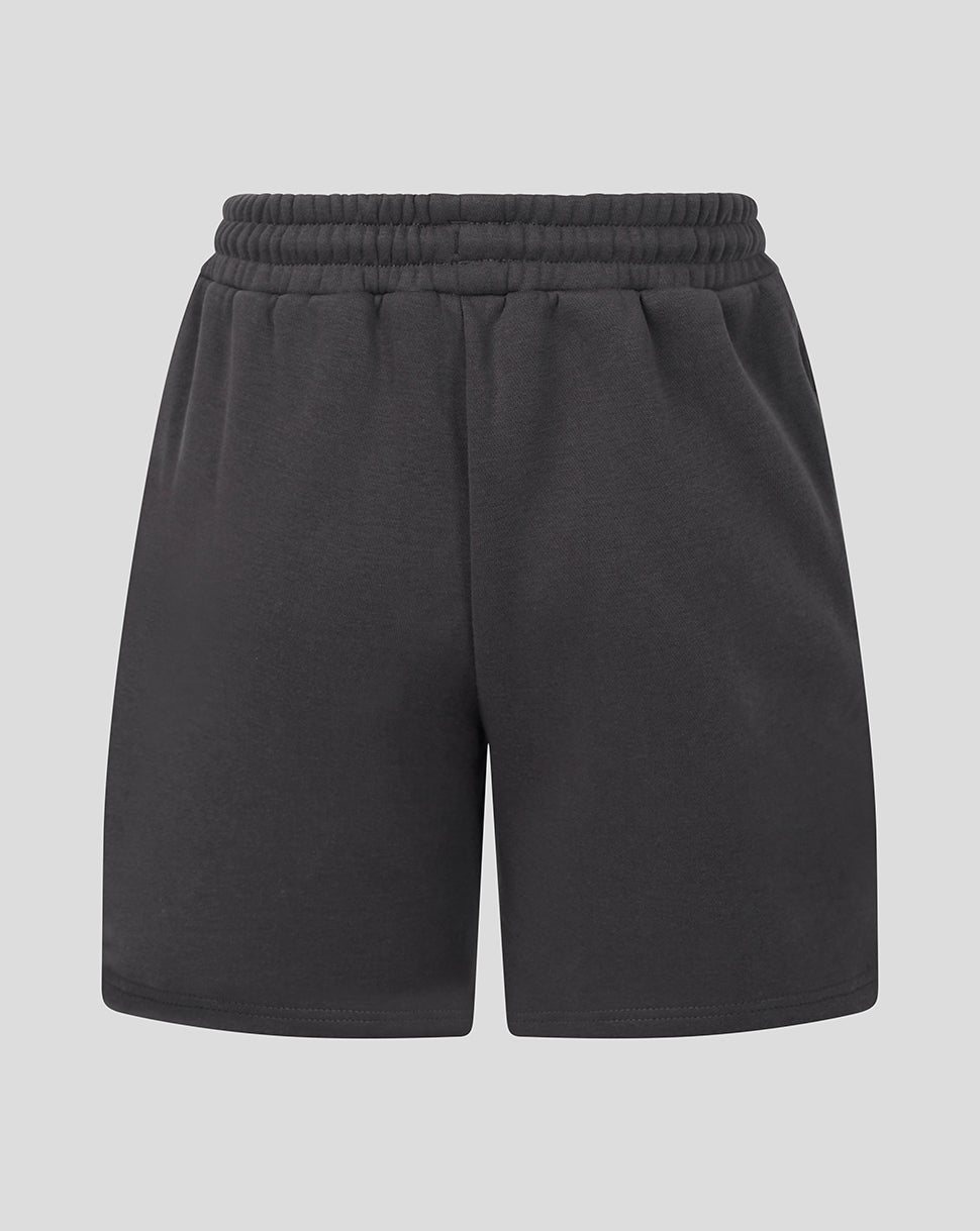Dark gray sweat shorts with an elastic waistband, shown against a solid light gray background.