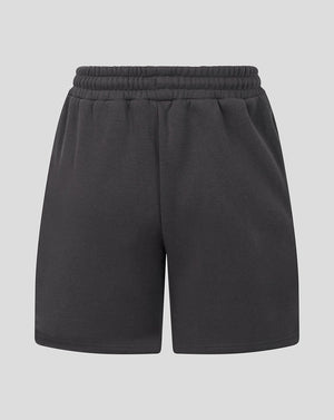Dark gray sweat shorts with an elastic waistband, shown against a solid light gray background.