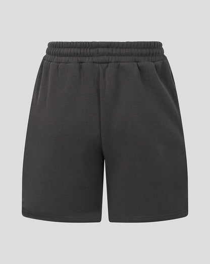 Dark gray sweat shorts with an elastic waistband, shown against a solid light gray background.