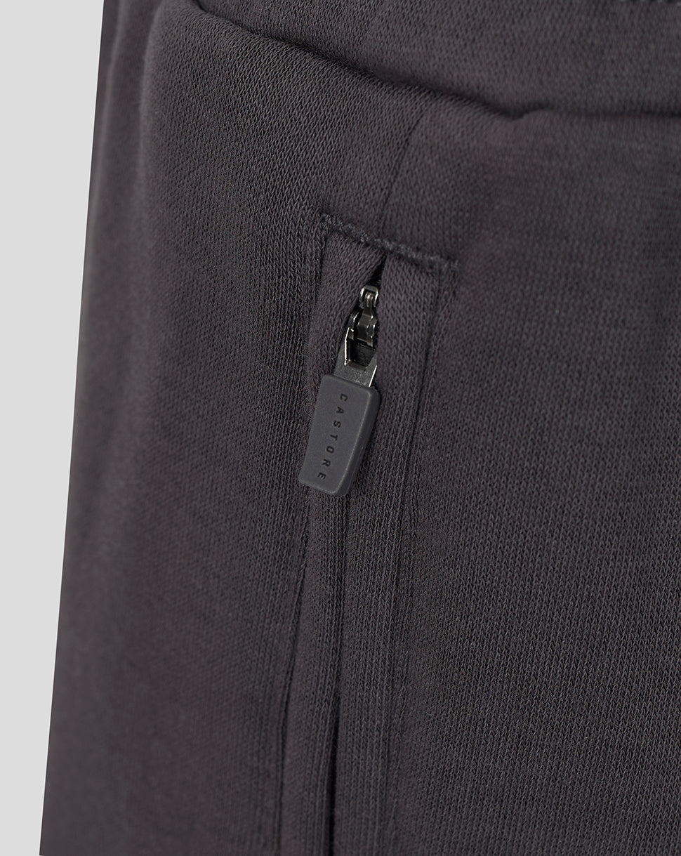 Close-up of dark gray knit fabric with a zippered pocket and a small rectangular brand tab on the zipper pull.