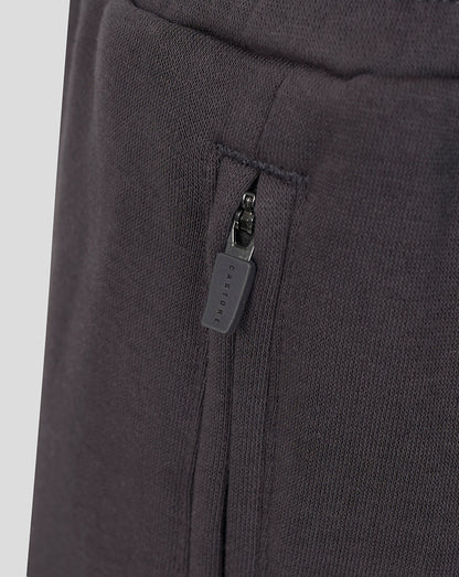 Close-up of dark gray knit fabric with a zippered pocket and a small rectangular brand tab on the zipper pull.
