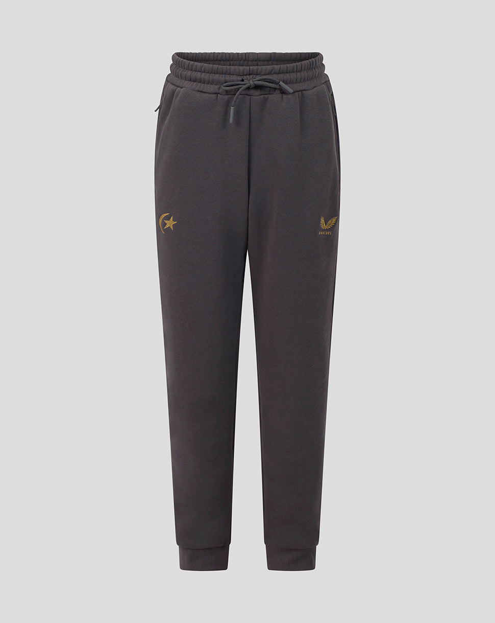 Dark gray sweatpants with a drawstring waist and small gold embroidered logos on the left thigh and right hip, shown against a light gray background.