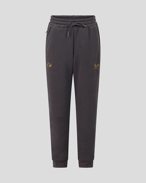 Dark gray sweatpants with a drawstring waist and small gold embroidered logos on the left thigh and right hip, shown against a light gray background.
