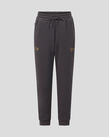 Dark gray sweatpants with a drawstring waist and small gold embroidered logos on the left thigh and right hip, shown against a light gray background.